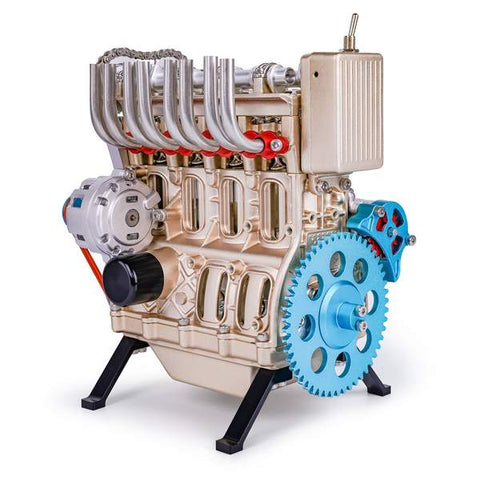 Complete assembly of the 4-Cylinder Engine Kit, showcasing the polished metal finish and intricate design inspired by the 1894 Maybach engine.