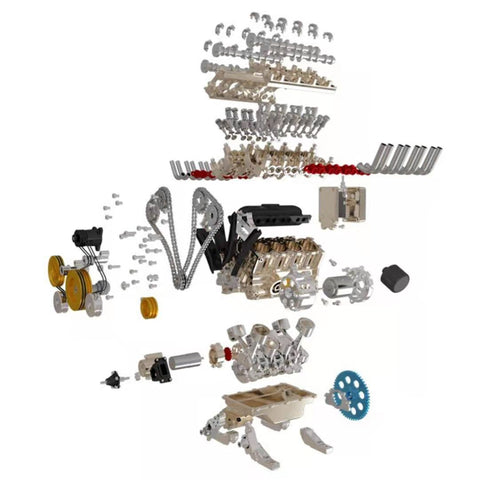 Unassembled components of the V8 Engine Kit, featuring over 500 precision-machined metal parts for a detailed and realistic build.