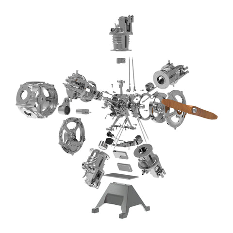 Individual parts of the 5-Cylinder Radial Engine Kit laid out, showcasing the premium aluminum and stainless steel components included for assembly.
