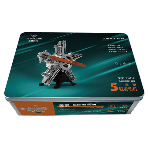 Packaging of the 5-Cylinder Radial Engine Kit, featuring a high-end metal gift box ideal for enthusiasts aged 14 and above.