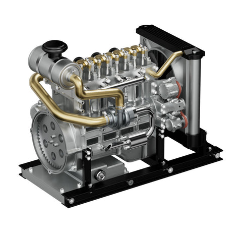 Close-up of the operational V4 Diesel Engine Model, highlighting the functional crankshaft and piston movement powered by an electric motor.