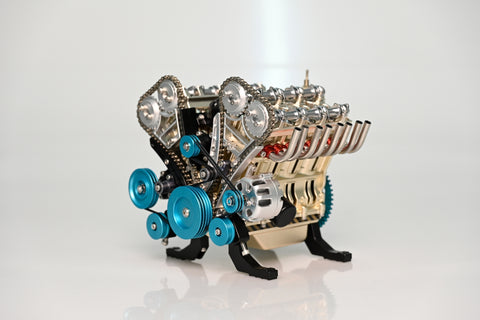 Completed V8 Engine Model Kit, showcasing the intricate design and high-quality metal components with a fully operational engine powered by an electric motor.