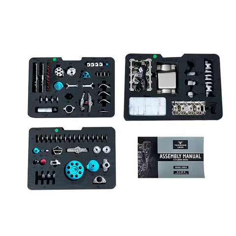 Unassembled components of the 4-Cylinder Engine Kit, featuring 325 precision-engineered parts crafted from CNC-machined aluminium